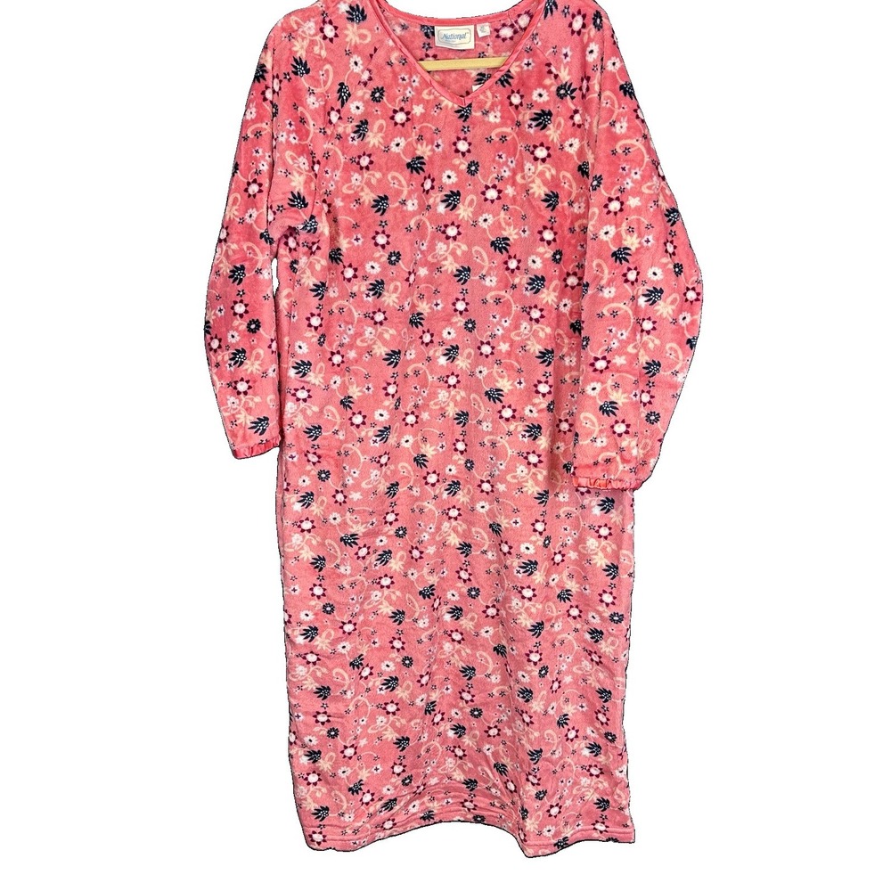 National Women's Small Pink Floral Fleece Polyester Long Sleeve V-Neck Gown